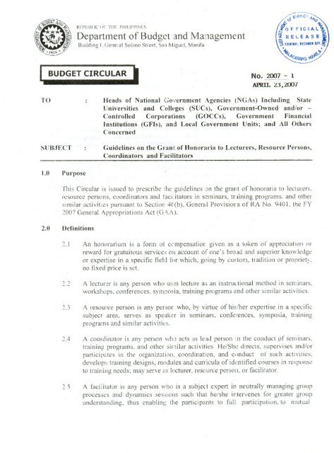 Budget Circular No. 2007-1 - DBM