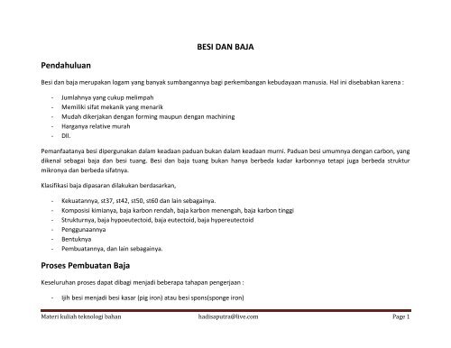 BESI DAN BAJA Pendahuluan Proses Pembuatan Baja - ruang hadi