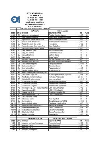 METOP AQUARIUM L.t.d. CZECH REPUBLIC Tel: 00420 - 483 ...