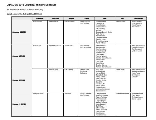 June/July 2010 Liturgical Ministry Schedule - St. Maximilian Kolbe ...