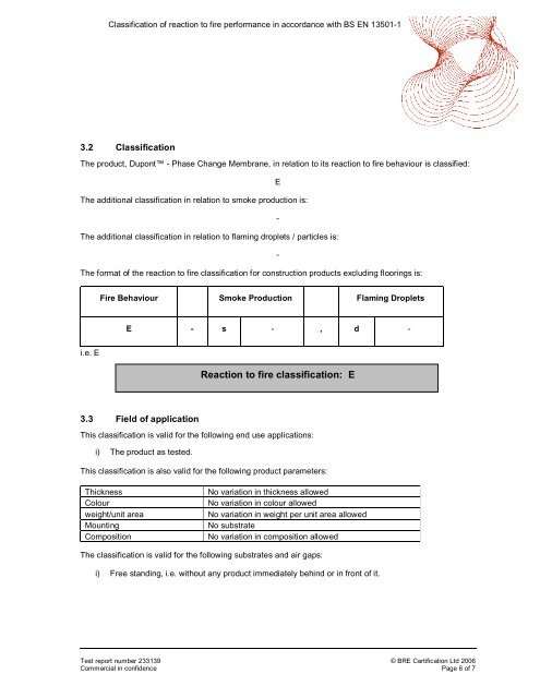 Fire test report Classification EN 13501 - DuPont™ Energain