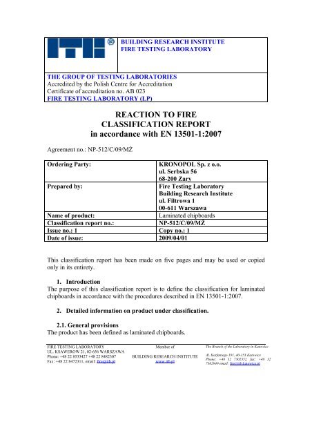 REACTION TO FIRE CLASSIFICATION REPORT in accordance with ...