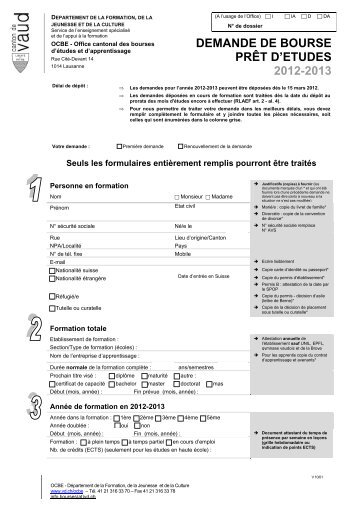 demande de bourse prêt d'etudes 2012-2013 - Canton de Vaud