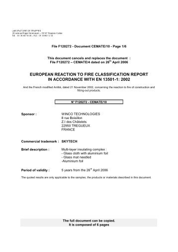 european reaction to fire classification report in accordance - Winco ...