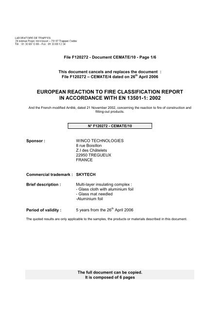 European Reaction To Fire Classification Report In Accordance - Winco ...