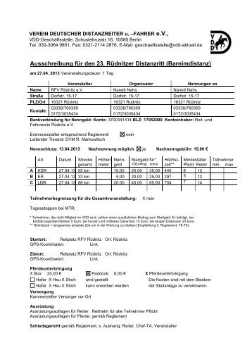 Ausschreibung Rüdnitz 2013 - Distanzreiten in Brandenburg