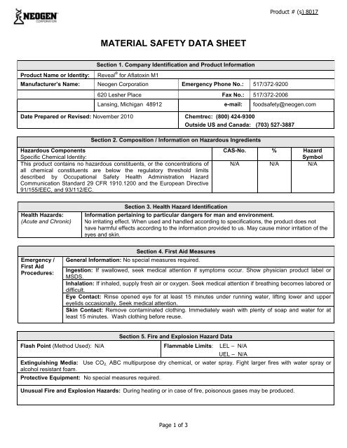 Reveal for Aflatoxin M1 MSDS - Neogen Corporation