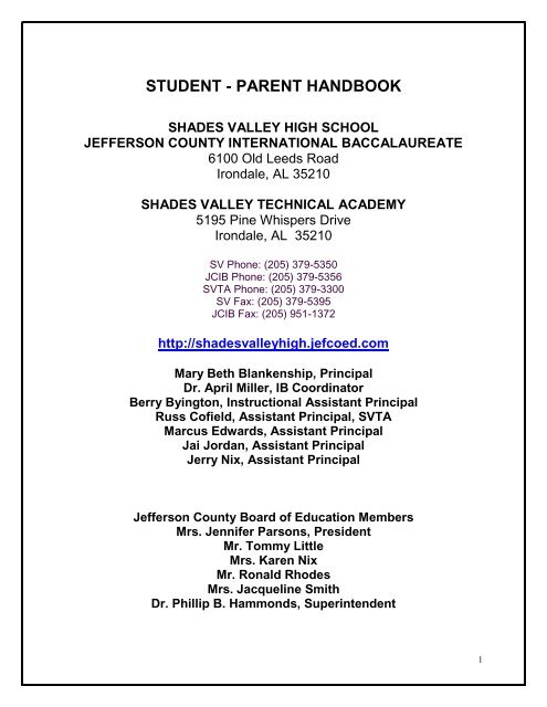 STUDENT - PARENT HANDBOOK - Shades Valley High School