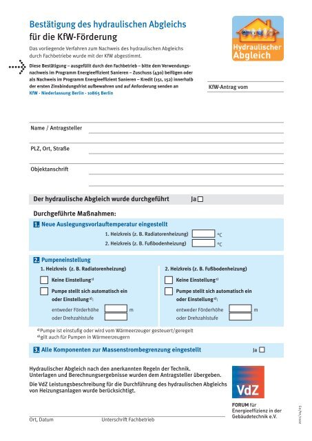 Bestätigung des hydraulischen Abgleichs für die KfW-Förderung - VdZ