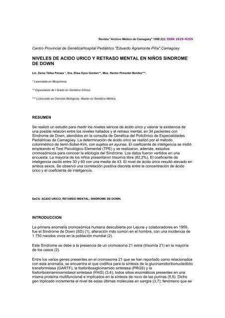 niveles de acido urico y retraso mental en niños sindrome de down