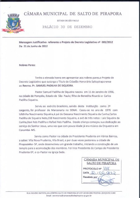 Projeto de Decreto Legislativo n° 003/2012 - Câmara Municipal de ...