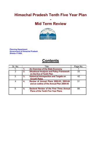 Himachal Pradesh Tenth Five Year Plan - Planning Department ...