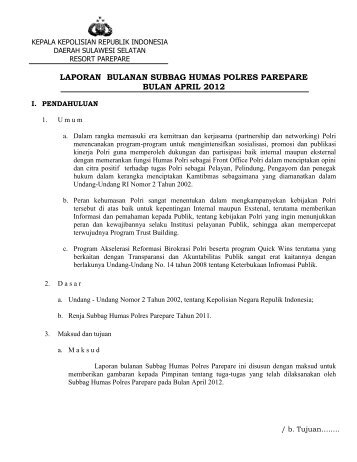 laporan bulanan subbag humas polres parepare bulan april 2012