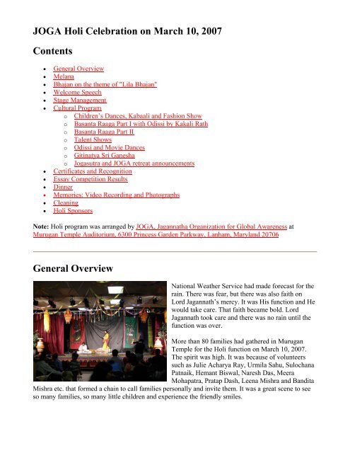 JOGA Holi Celebration on March 10, 2007 Contents General Overview