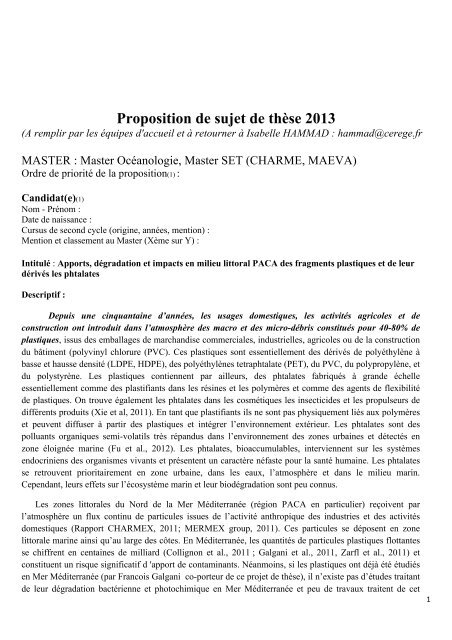 Apports, dégradation et impacts en milieu littoral PACA des ... - Cerege