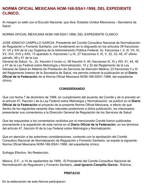 norma oficial mexicana nom-168-ssa1-1998, del expediente clinico