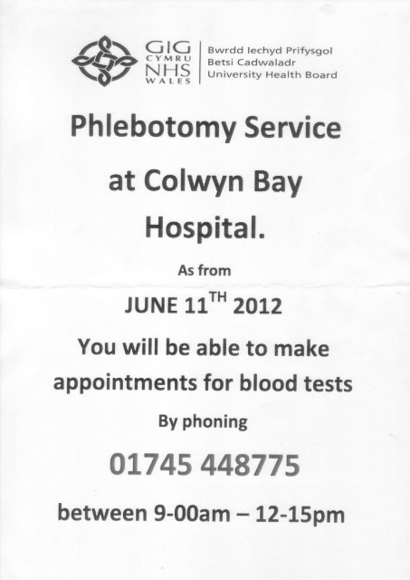 Phlebotomy Service at Colwyn Bay Hospital. - Cadwgan Surgery