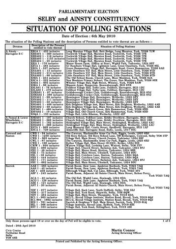 PARLIAMENTARY ELECTION SELBY And AINSTY CONSTITUENCY