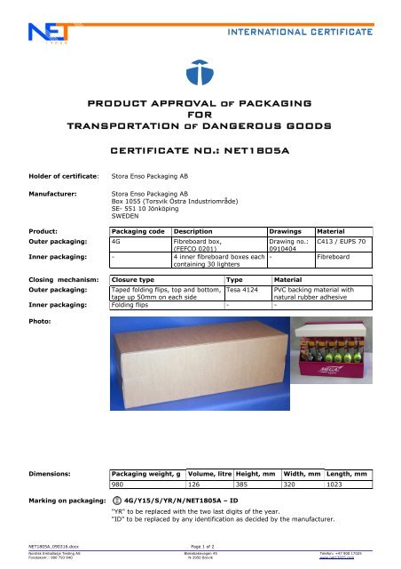 Product approval of Packaging for Dangerous Goods - NET17025 ...