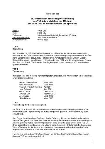 Protokoll Jahreshauptversammlung 20.03.2012 - TuS Altwarmbüchen