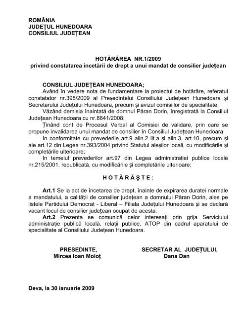 Arhiva Hotarari CJ Hunedoara 2009 - Consiliul Judetean Hunedoara