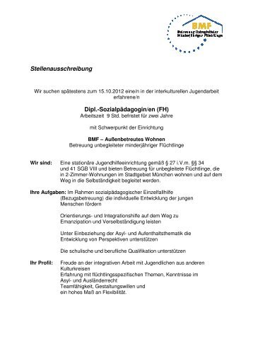 Stellenausschreibung Dipl.-Sozialpädagoge _FH_ Teilzeit BMF