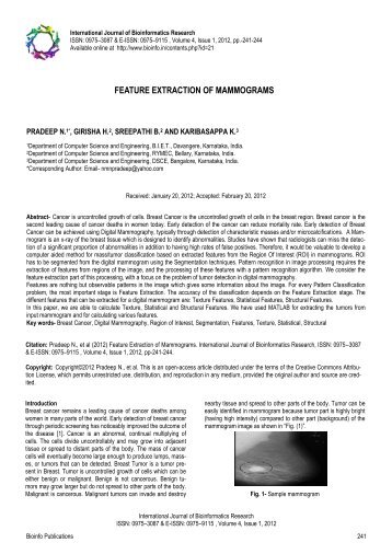 FEATURE EXTRACTION OF MAMMOGRAMS - Bioinfo Publications