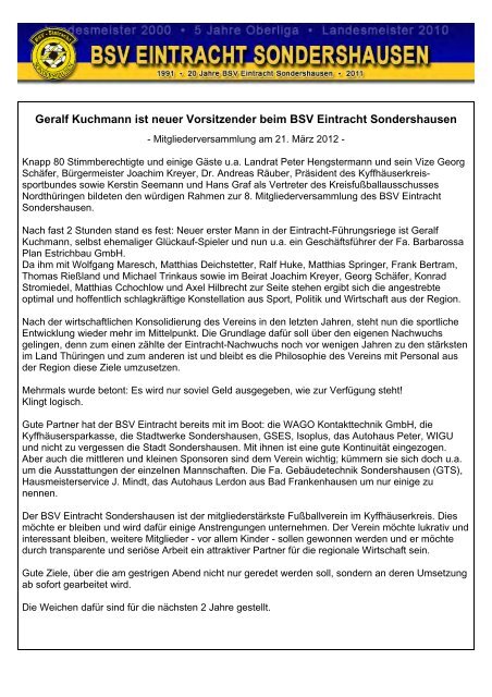 Berichte zur Mitgliederversammlung - BSV Eintracht Sondershausen ...