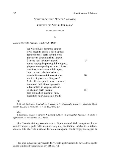 Sonetti contro l'Ariosto, giudice de' Savi in Ferrara - Carla Rossi ...