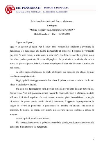 Relazione introduttiva di Rocco MATAROZZO - Uil Pensionati di Bari ...