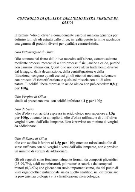 CONTROLLO DI QUALITA' DELL'OLIO EXTRA VERGINE DI OLIVA ...
