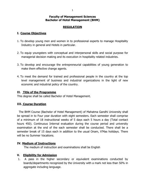 bachelor of hotel management- regulations & syllabus - Mahatma ...