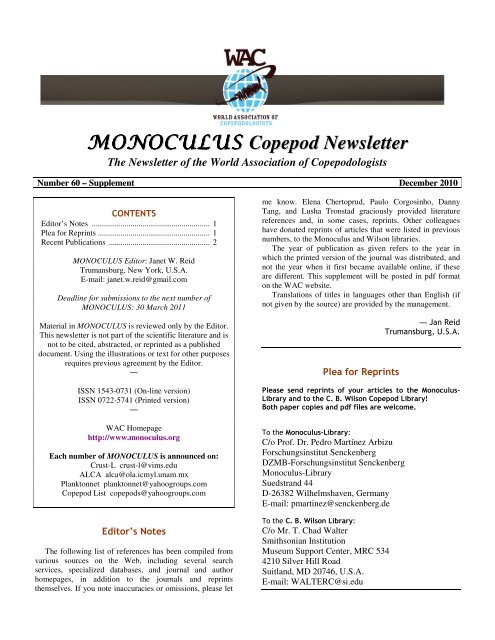 MONOCULUS Copepod Newsletter - World Association of ...
