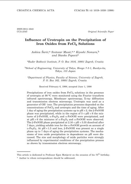 Influence of Urotropin on the Precipitation of Iron Oxides from FeCl3 ...