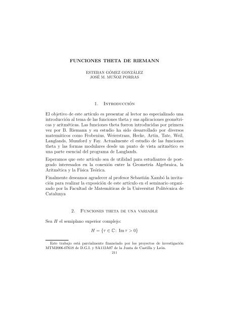 FUNCIONES THETA DE RIEMANN 1. Introducción El objetivo de ...