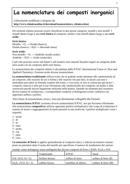 La nomenclatura dei composti inorganici - Liceo Statale MG Agnesi