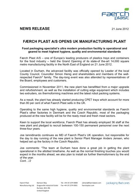 NEWS RELEASE FÆRCH PLAST A/S OPENS UK ...