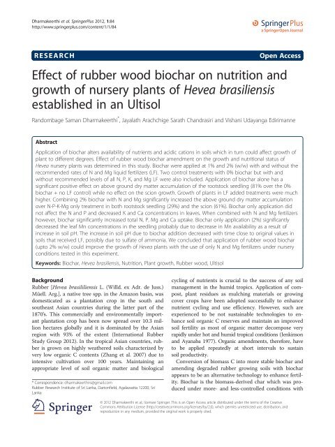 Effect of rubber wood biochar on nutrition and growth ... - SpringerPlus