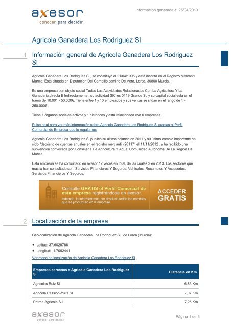 Agricola Ganadera Los Rodriguez Sl - Axesor