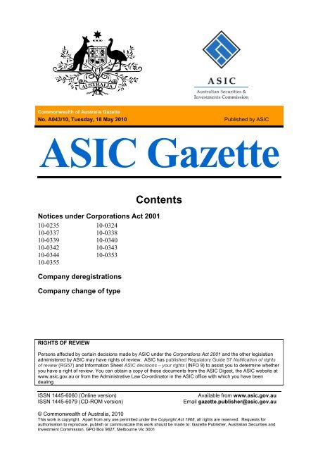 ASIC Gazette - Australian Securities and Investments Commission