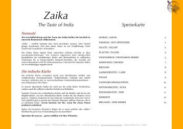 The Taste of India Speisekarte - Restaurant Zaika