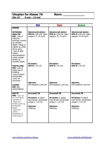 Ukeplan for klasse 7 Navn - Hokksund barneskole