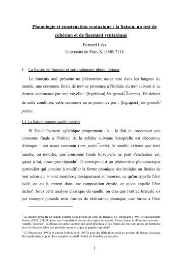 Phonologie et construction syntaxique : la liaison, un test de ...