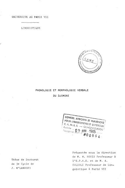 PHONOLOGIE 'ET MORPHOLOGIE VERBALE DU DJIMINI