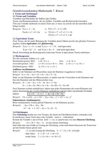 Grundwissenskatalog Mathematik 7. Klasse - Klenze-Gymnasium