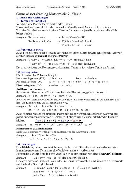 Grundwissenskatalog Mathematik 7. Klasse - Klenze-Gymnasium
