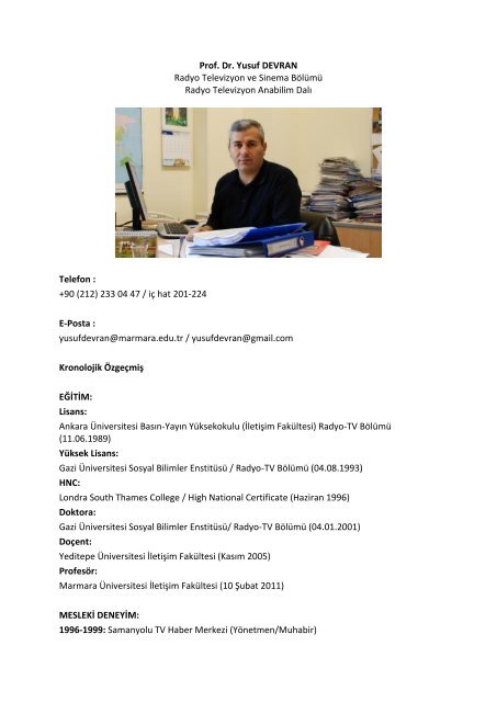 Prof. Dr. Yusuf DEVRAN Radyo Televizyon ve Sinema Bölümü ...