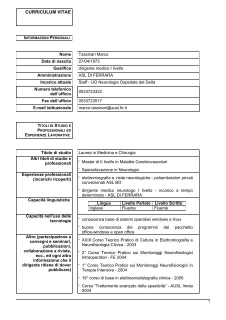 curriculum vitae - Azienda USL di Ferrara