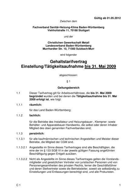 Gehaltstarifvertrag Einstellung/Tätigkeitsaufnahme bis 31. Mai 2009