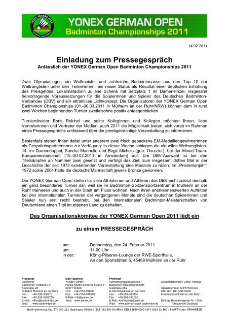 Einladung zum Pressegespräch - Yonex German Open